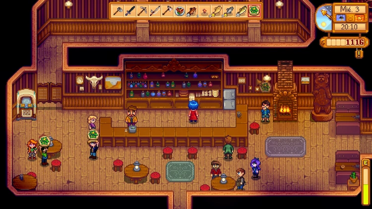 Ni FOMO ni despidos. Solo quiero jugar 2 Ejemplo de juego de anti FOMO. Personajes en el salón de Stardew Valley con ensaladas en la mano dispuestos a regalárselos a Leah.