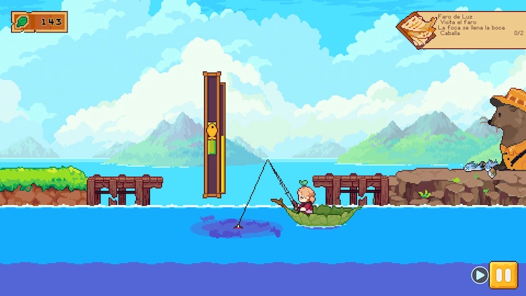 Ni FOMO ni despidos. Solo quiero jugar 3 Videojuego Luna Fishing Garden. La protagonista está sobre una hoja flotando en el agua y pesca.