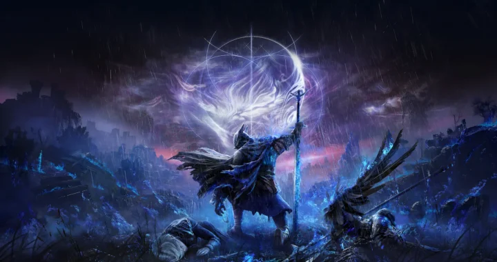 Un hechicero con una capa y un bastón, presenciando una tormenta violeta en el horizonte en el videjouego Elden Ring Nightreign.