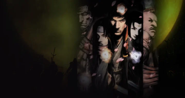 Portada de Onimusha 2: Samurai's Destiny donde salen avatares de los protagonistas sobre un fondo verde y oscuro.