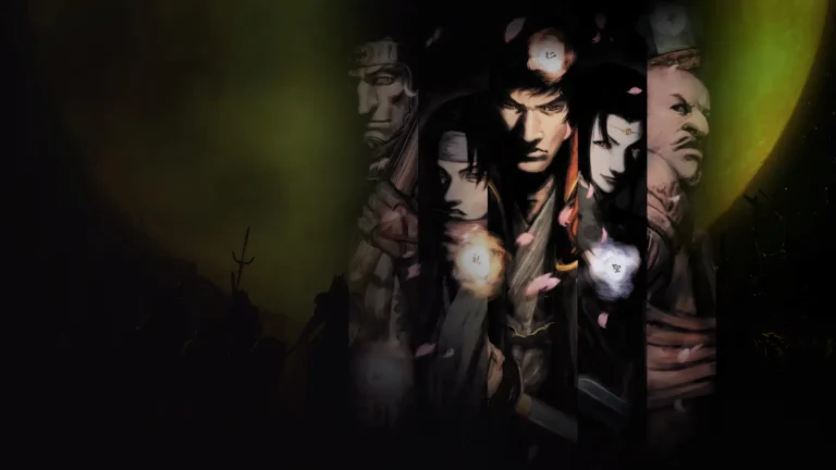 Portada de Onimusha 2: Samurai's Destiny donde salen avatares de los protagonistas sobre un fondo verde y oscuro.