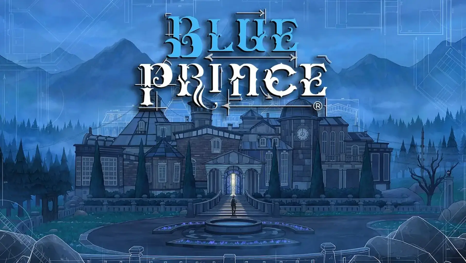 Un castillo sobre un paisaje azul con un texto encima que pone Blue Prince.