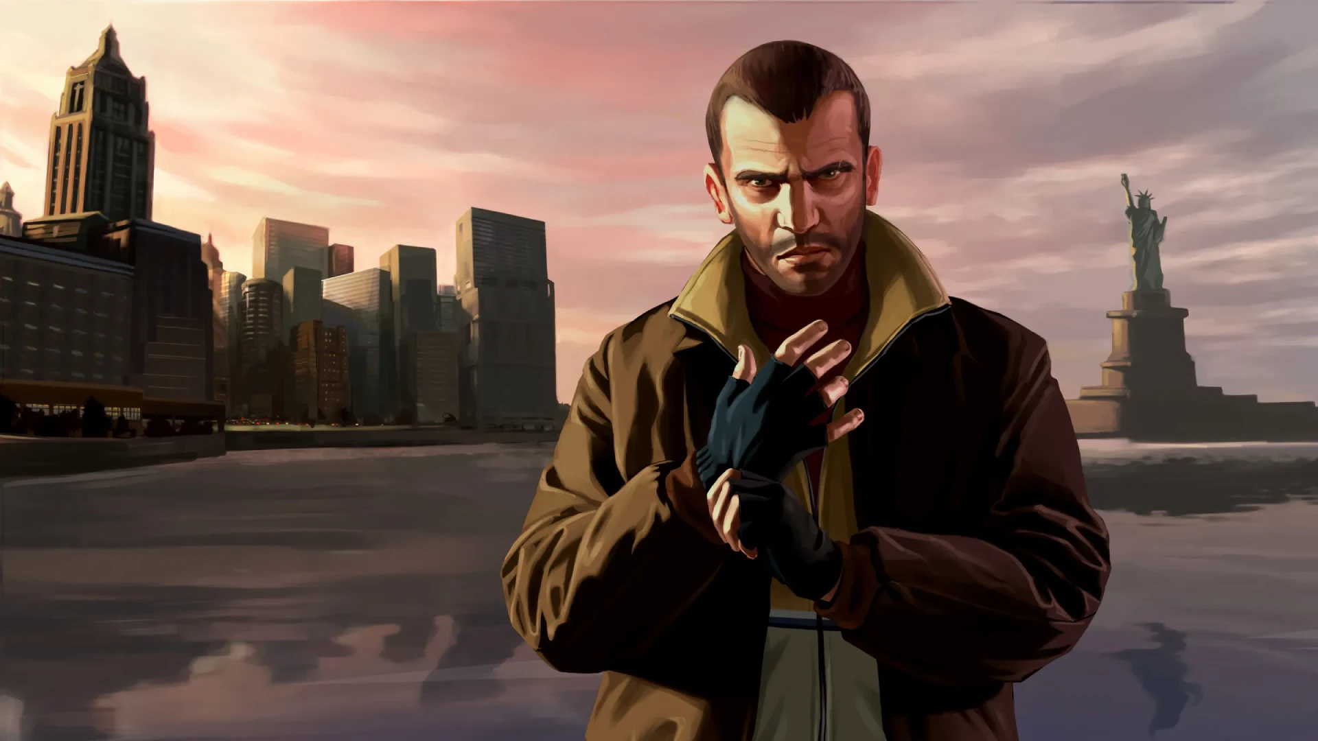 Un hombre ajustándose el guando te su mano derecha con una ciudad a sus espaldas, simbolizando el costumbrismo de Grand Theft Auto IV.