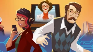 Análisis de American Arcadia. ¡Ya disponible para consolas y Xbox Series! 9 Angela y Trevor en estilo lowpoly. Detrás hay una pantalla con una señora siniestra. Portada del análisis de American Arcadia.