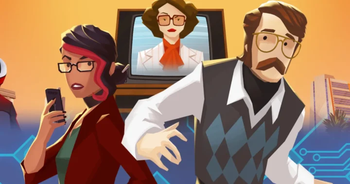 Angela y Trevor en estilo lowpoly. Detrás hay una pantalla con una señora siniestra. Portada del análisis de American Arcadia.