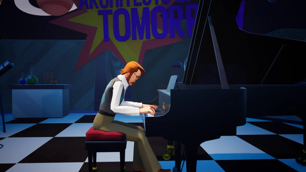 Análisis de American Arcadia. ¡Ya disponible para consolas y Xbox Series! 3 El protagonista de American Arcadia, Trevor, toca el piano en un set de televisión con poca iluminación.