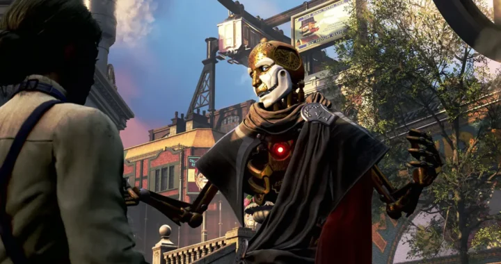 Escena de Clockwork Revolution, juego presentado en el no-e3 2025. Un robot misterioso interactúa con el protagonista.