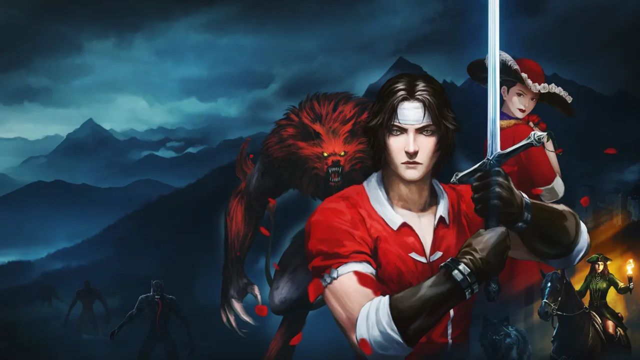 Mateo Lombardo sosteniendo una espada con un hombre lobo rojo acechándole a su espalda en el videojuego de Chronices of the Wolf.