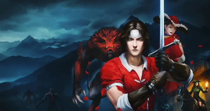 Mateo Lombardo sosteniendo una espada con un hombre lobo rojo acechándole a su espalda en el videojuego de Chronices of the Wolf.