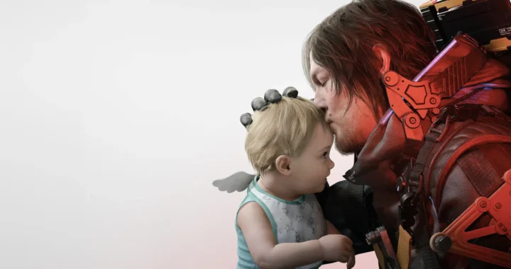 Un hombre besando a un bebé sobre un fondo blanco en Death Stranding 2.