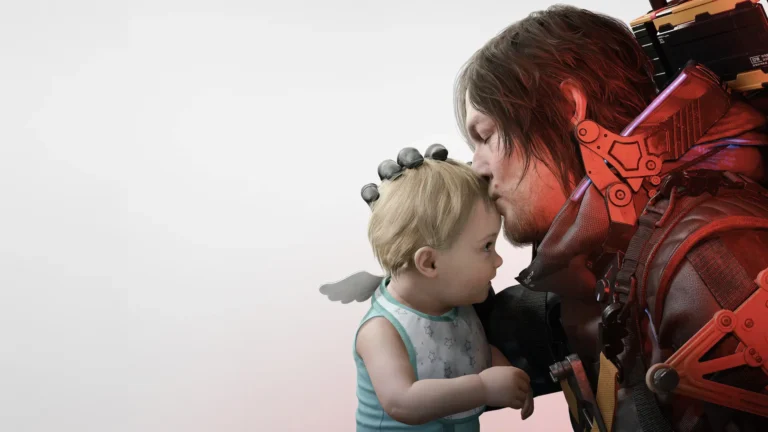 Un hombre besando a un bebé sobre un fondo blanco en Death Stranding 2.