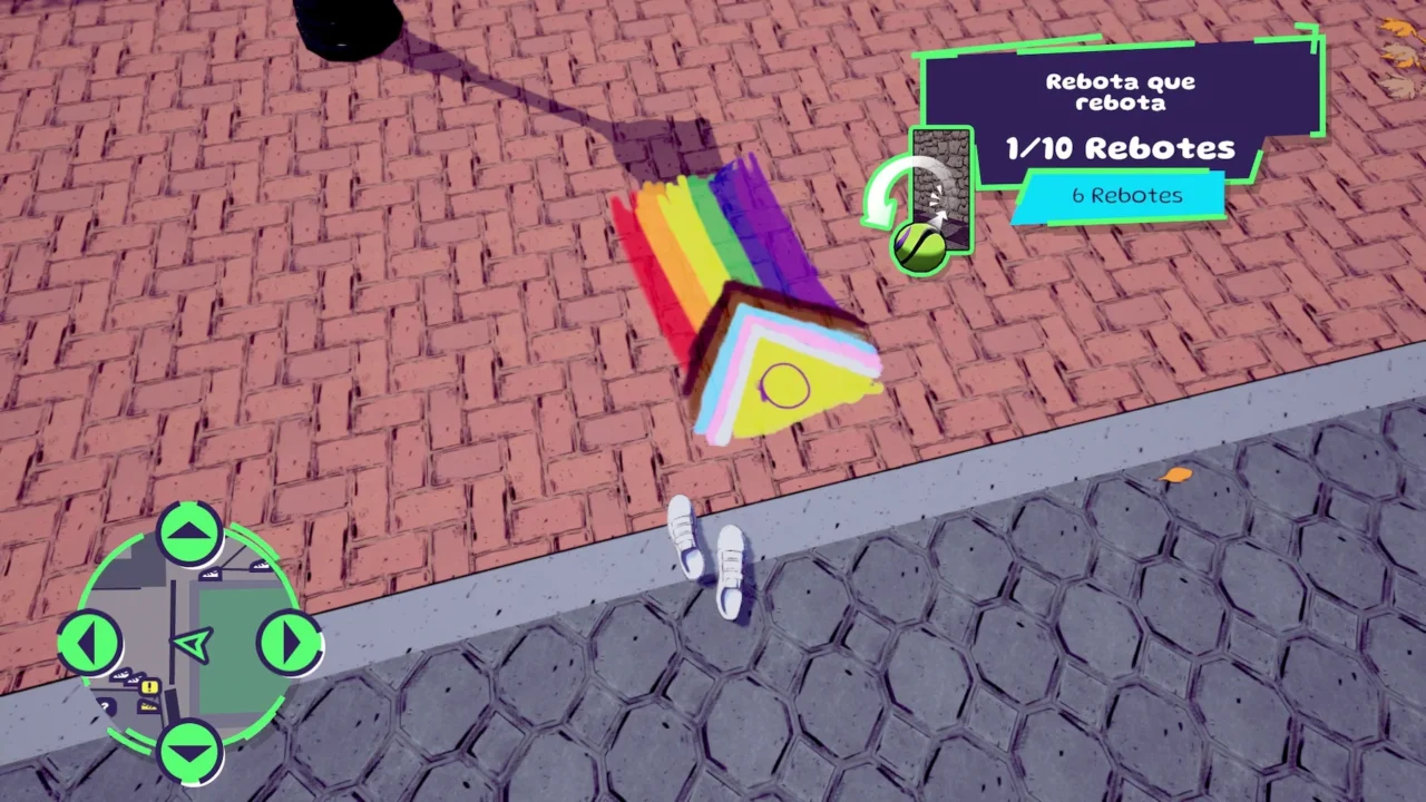 Unas zapatillas o bambas vistas desde arriba, en el centro hay una bandera lgtbi+ pintada en el suelo.