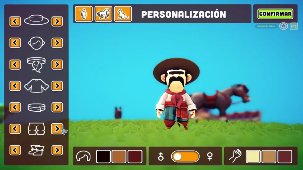Análisis de Gaucho and the Grassland. Pastorea con tu vaquero argentino 2 Menú de creación de personajes en Gaucho and the Grassland, con flechas naranjas y un pasto verde.