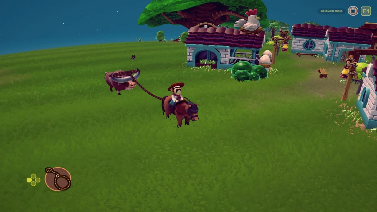 Un gaucho a caballo arrastrando a un toro, del que amarra sus cuernos empleando una cuerda atada en lazo