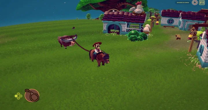 Un gaucho a caballo arrastrando a un toro, del que amarra sus cuernos empleando una cuerda atada en lazo