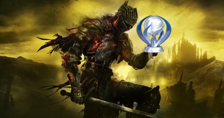 El Caballero Ceniza de Dark Souls está de pie en un paisaje desolado con un cielo amarillo brumoso, sosteniendo un trofeo de PlayStation en su mano derecha, haciendo alusión a la obtención de platinos en los videojuegos.