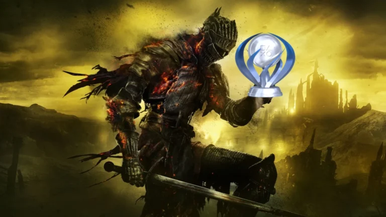El Caballero Ceniza de Dark Souls está de pie en un paisaje desolado con un cielo amarillo brumoso, sosteniendo un trofeo de PlayStation en su mano derecha, haciendo alusión a la obtención de platinos en los videojuegos.