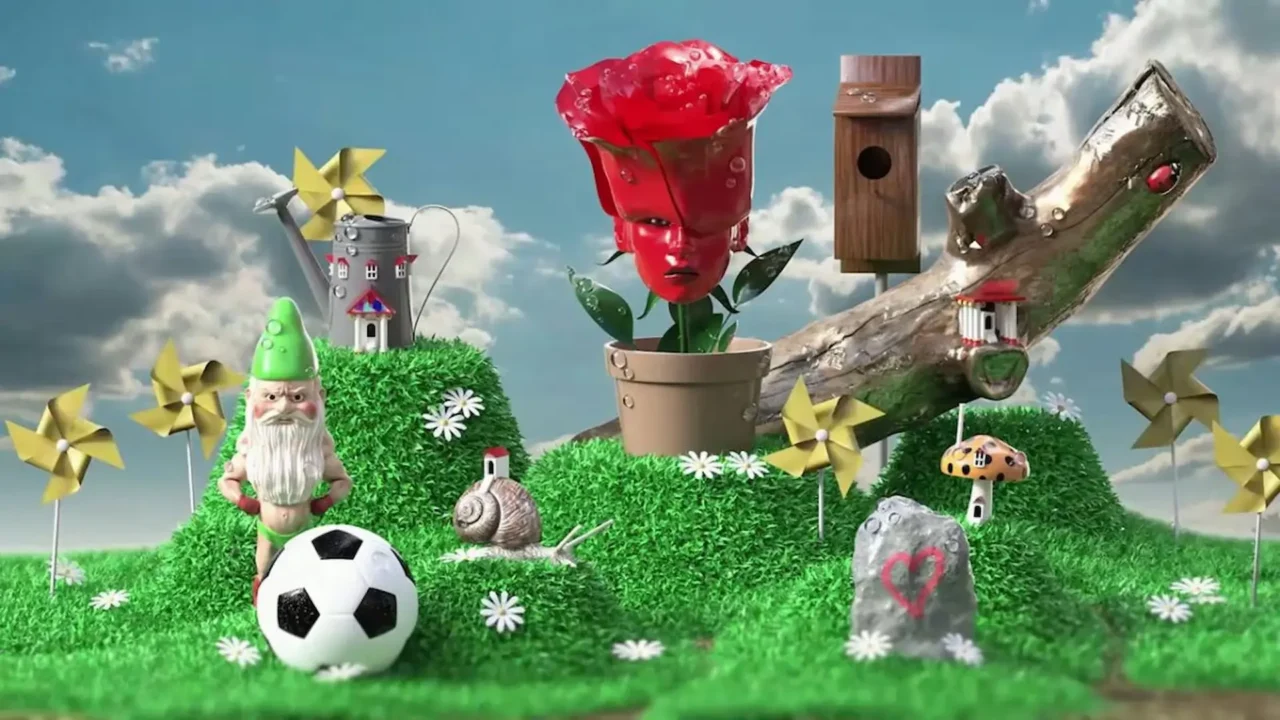 Varios personajes secundarios de About an Elf: un gnomo con una pelota y una planta con cara sobre un decorado de césped con otros objetos.