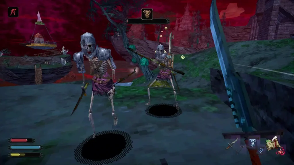 Una perspectiva en primera persona de un videojuego de fantasía, donde el jugador se enfrenta a dos esqueletos armados en un entorno sobrenatural con cielo rojo, estructuras flotantes y una espada visible en primer plano.