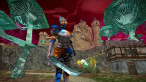 Un caballero con una armadura de fantasía en el videojuego Dread Delusion, portando una espada curva, se para en un paisaje surrealista lleno de enormes hongos verdes translúcidos, un cielo carmesí y un castillo de piedra al fondo.
