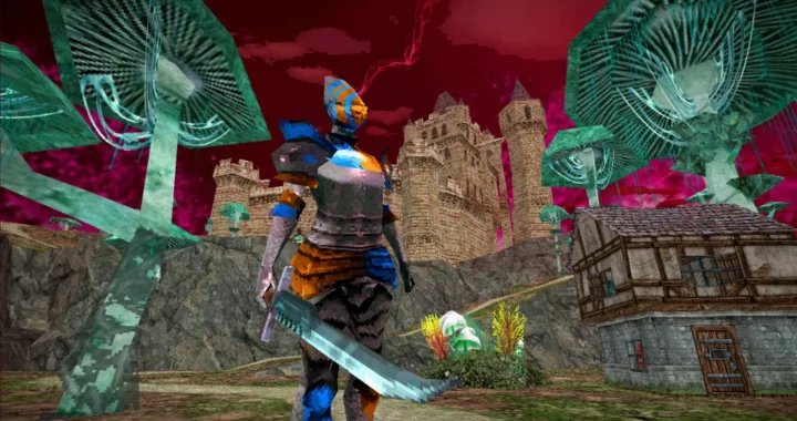 Un caballero con una armadura de fantasía en el videojuego Dread Delusion, portando una espada curva, se para en un paisaje surrealista lleno de enormes hongos verdes translúcidos, un cielo carmesí y un castillo de piedra al fondo.