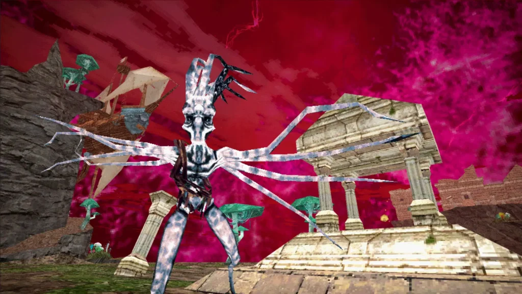 Un ser delgado, esquelético y de múltiples brazos, con aspecto alienígena, se levanta sobre unas ruinas en un paisaje con cielo rojizo y un entorno surrealista, como parte de un videojuego de fantasía oscura.