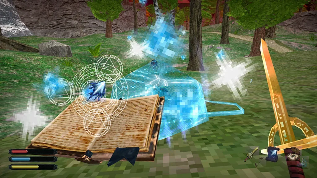 Una escena en primera persona de un videojuego de fantasía, donde un libro de hechizos abierto con círculos mágicos está en el suelo, y un brillo azul y pixeleado aparece frente a una espada dorada que sostiene el jugador.