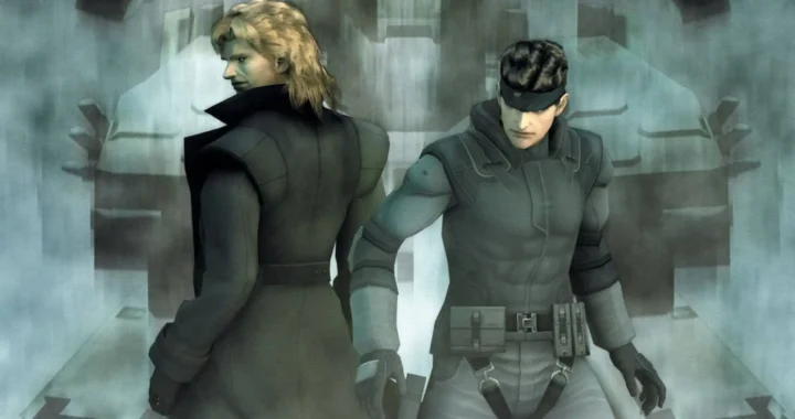 Ilustración de Metal Gear Solid: The Twin Snakes donde vemos, con tonos grises, a Solid Snake y Liquid Snake de espaldas frente a la silueta de Metal Gear Rex.