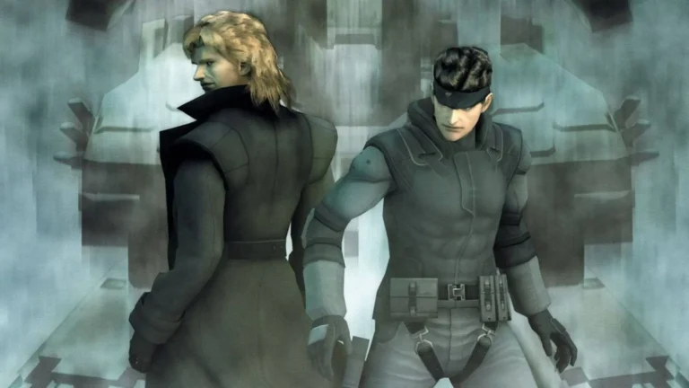 Ilustración de Metal Gear Solid: The Twin Snakes donde vemos, con tonos grises, a Solid Snake y Liquid Snake de espaldas frente a la silueta de Metal Gear Rex.