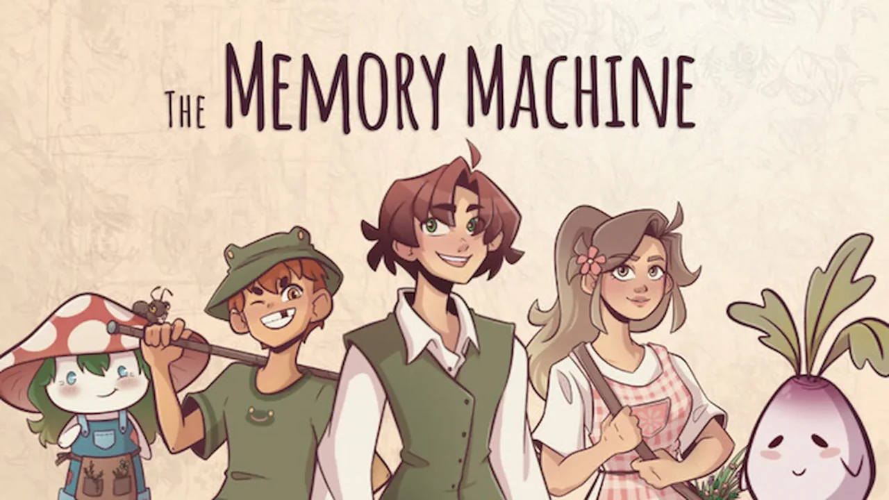 Un grupo de jóvenes de pelo castaño, acompañados con rábanos y setas, posando sobre un fondo claro para la portada de The Memory Machine.