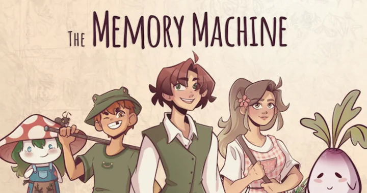 Un grupo de jóvenes de pelo castaño, acompañados con rábanos y setas, posando sobre un fondo claro para la portada de The Memory Machine.