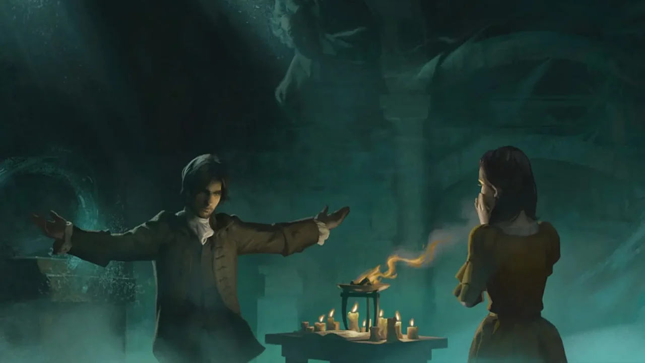 Dos personas vestidas como nobles del siglo XVIII haciendo un ritual de nigromancia en una sala de piedra con tonos verdes y humo.