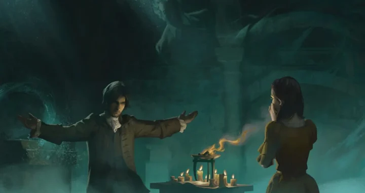Dos personas vestidas como nobles del siglo XVIII haciendo un ritual de nigromancia en una sala de piedra con tonos verdes y humo.