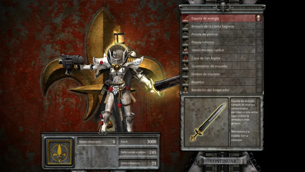 
Una Hermana de Batalla está equipada en la pantalla de equipamiento del videojuego Dawn of War, sosteniendo una pistola bólter y una espada de energía dorada, con su inventario de equipo y estadísticas de daño visibles a la derecha.