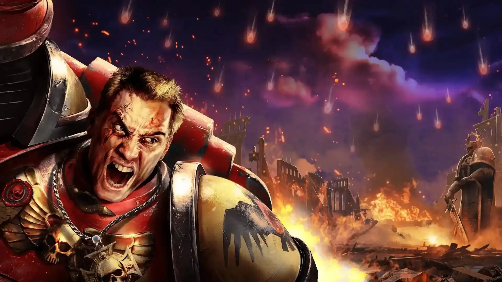 Un Marine Espacial furioso con armadura roja y dorada, el capitán Gabriel Angelos, grita en medio de una lluvia de meteoritos y estructuras en llamas, representando la portada de Dawn of War Definitive Edition.