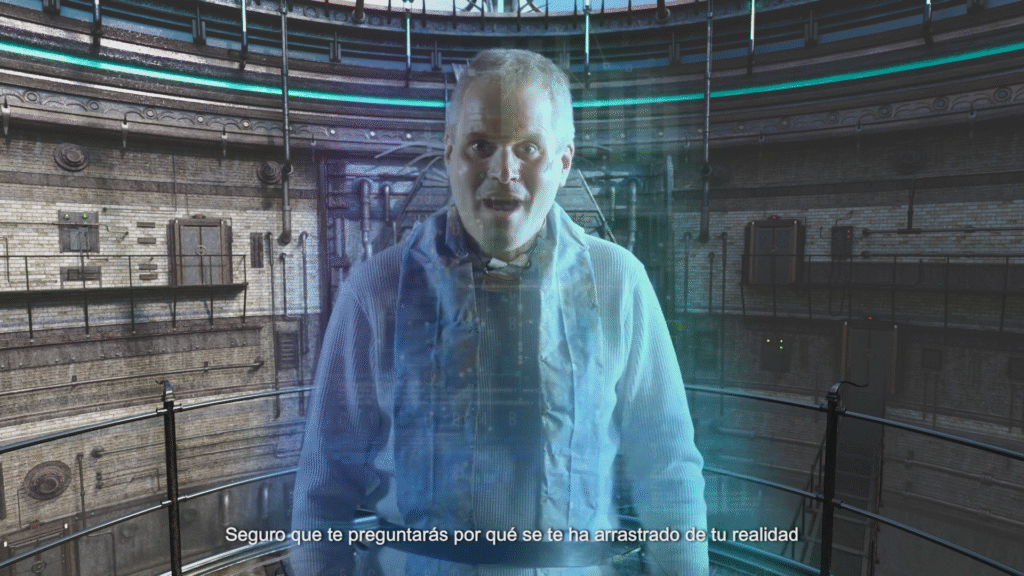 Hombre mayor aparece como holograma explicando por qué fuiste traído a esta realidad.