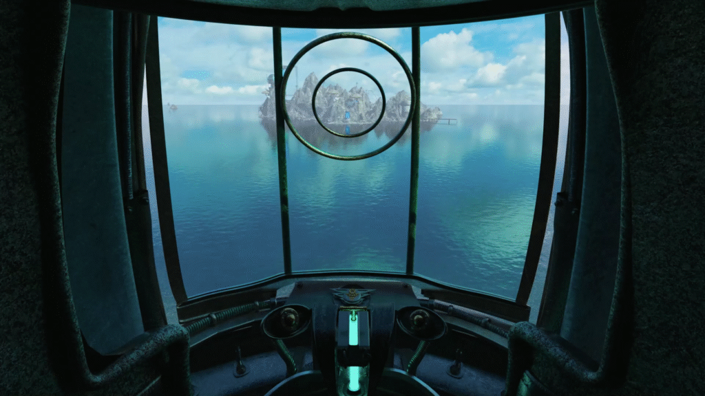 Desde una ventana con un círculo de nuestra nave, vemos la isla de Nyyah al fondo.
