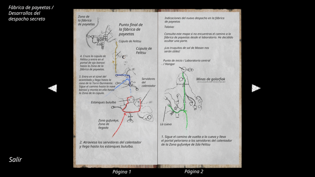 Mapa de dos páginas con rutas, anotaciones y nombres de zonas en la aventura de Neyyah.