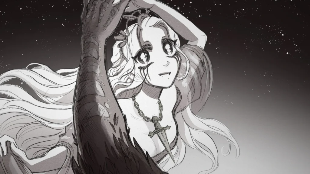 La princesa de Slay the Princess mira al cielo con expresión esperanzada, sosteniendo un brazo oscuro.