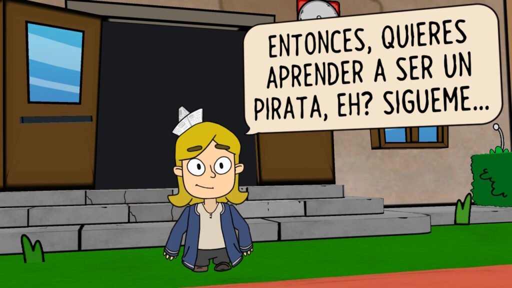 Una niña con sombrero de papel da la bienvenida al jugador diciendo que aprenderá a ser pirata en Backyard Pirates!.