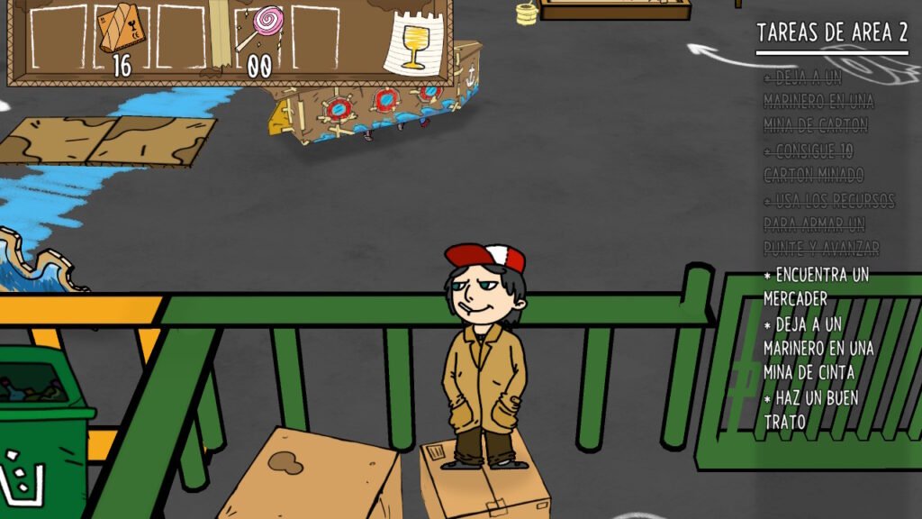 Niño con gorra roja de pie sobre una caja mientras se muestran las tareas de área en el HUD de Backyard Pirates!.
