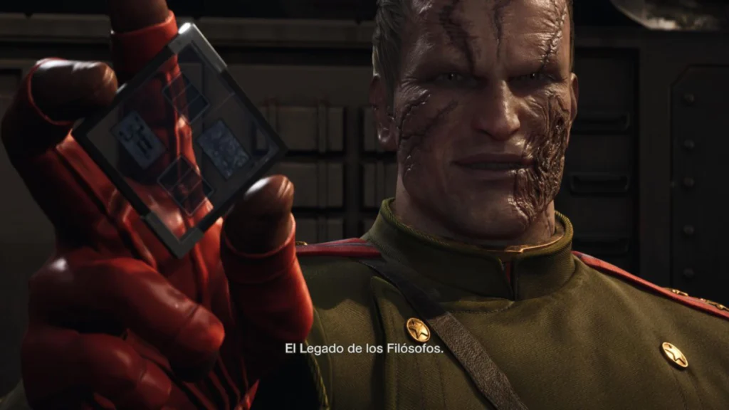Villano con cicatrices sostiene un microfilm conocido como Legado de los Filósofos en el análisis de Metal Gear Solid: Delta.