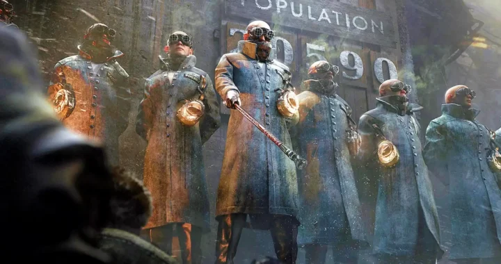 Guardias de Frostpunk 2, abrigados y con linternas, lideran a una fila de prisioneros frente a un cartel de población.