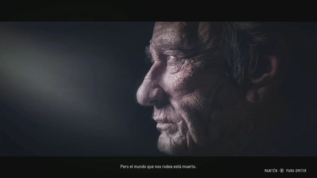 Primer plano de un anciano con arrugas que reflexiona sobre la muerte del mundo en Frostpunk 2.