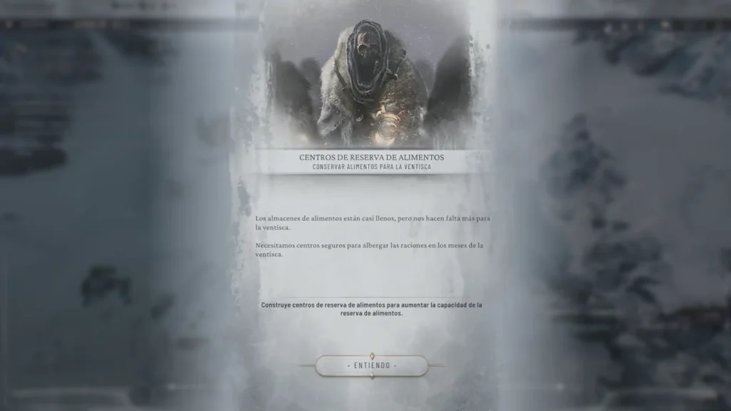 Menú de Frostpunk 2 muestra un aviso de construir centros de reserva para conservar alimentos en la ventisca.