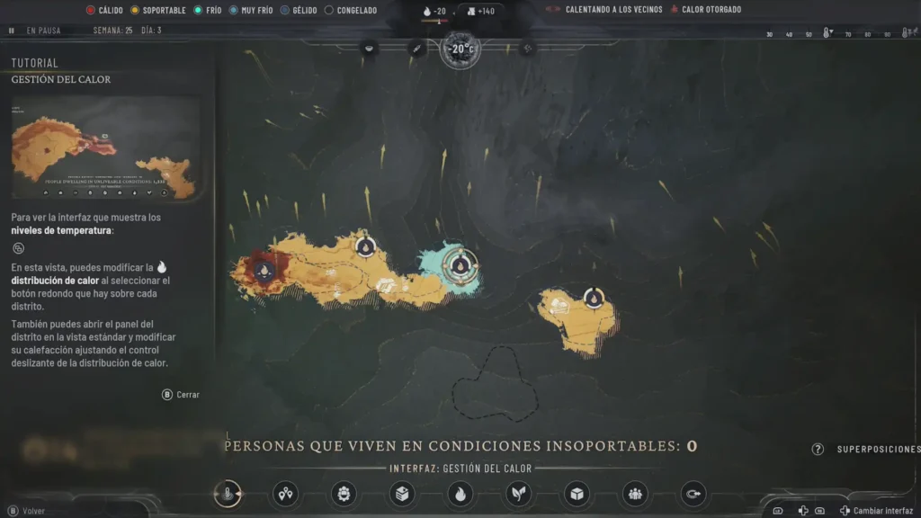 Interfaz de Frostpunk 2 enseña un mapa térmico para gestionar la distribución de calor entre distritos.