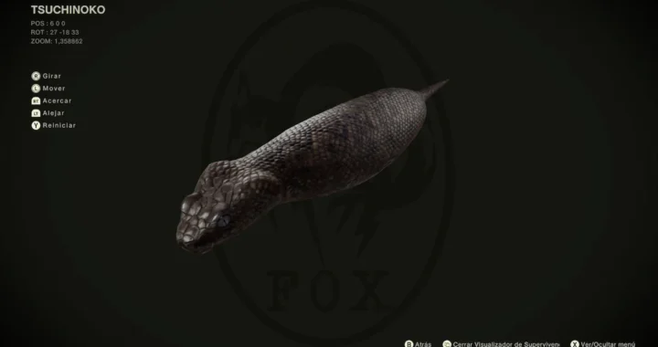 Se observa el modelo 3D de una Tsuchinoko en Metal Gear Solid Delta, una serpiente gorda de color gris oscuro, con un menú de opciones a su izquierda.