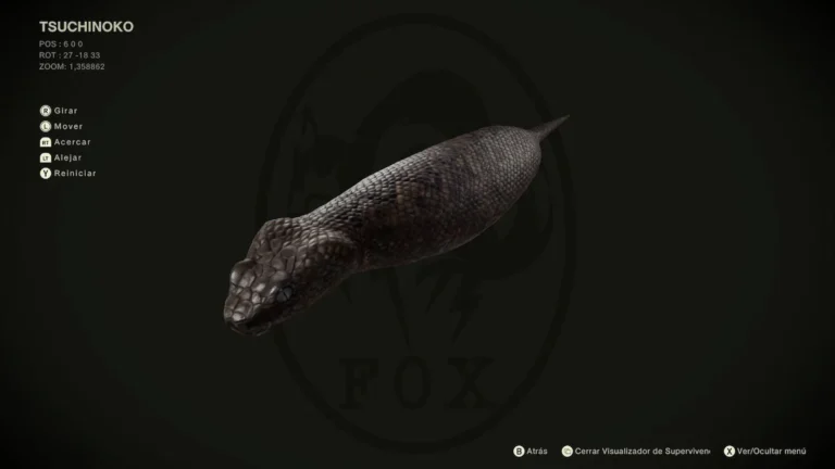 Se observa el modelo 3D de una Tsuchinoko en Metal Gear Solid Delta, una serpiente gorda de color gris oscuro, con un menú de opciones a su izquierda.