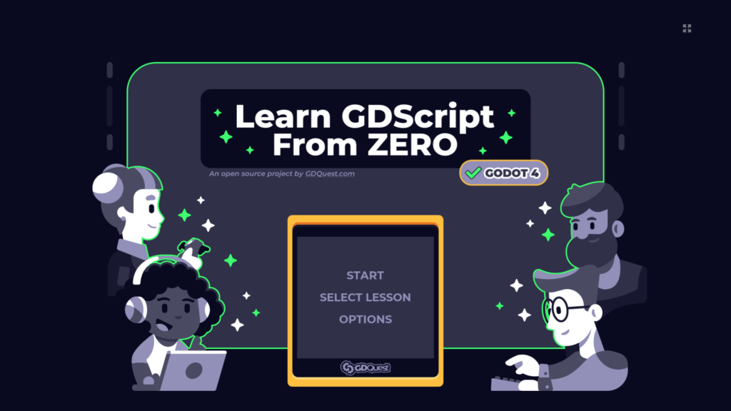 Pantalla de curso interactivo “Learn GDScript From Zero” con ilustraciones de alumnos.