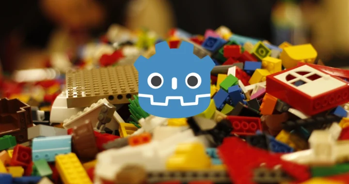 Logo de Godot sobre un montón de piezas de LEGO de distintos colores.